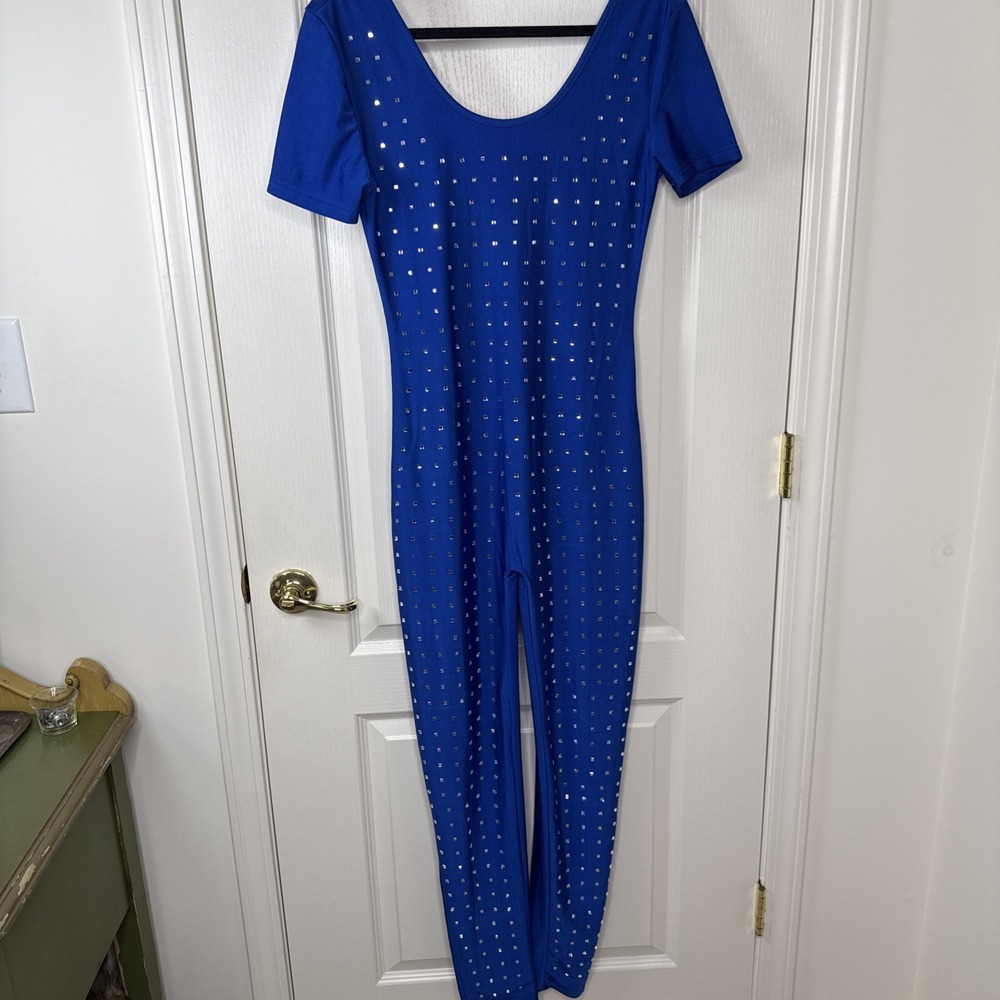 Ellie and Kate Womens L Royal Blue Short Sleeve Rhinestone Jumpsuit Formal